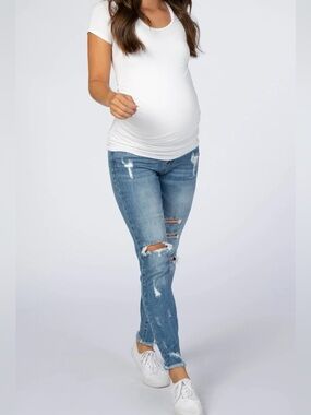 Pinkblush Blue Distressed Maternity Jeans with Full Panel Waistband